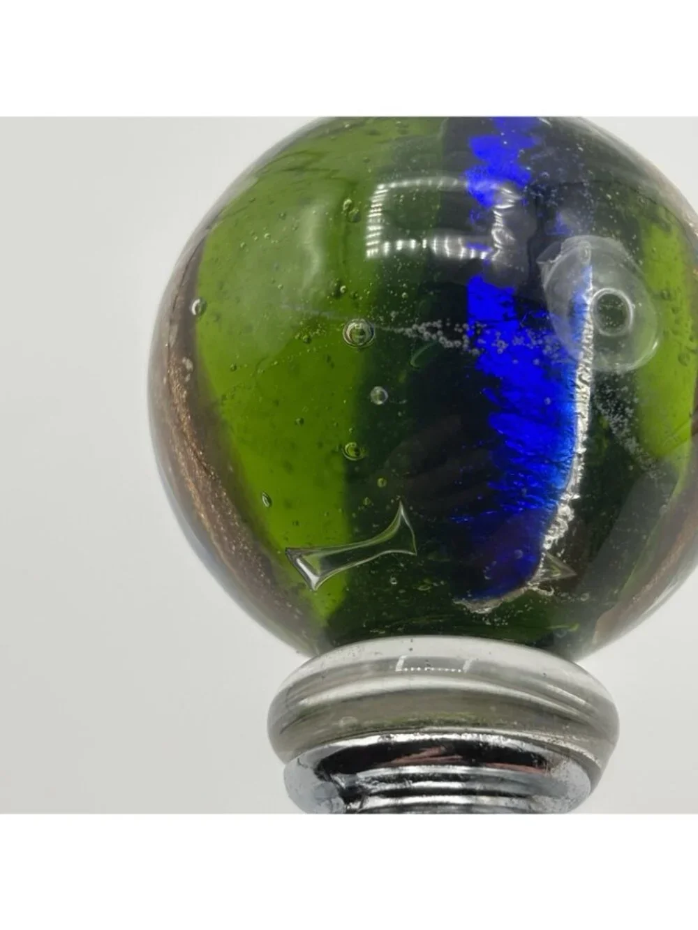 Art Glass Wine Bottle Stopper Topper Green Ball Gold Blue Striped Glossy Bubbles